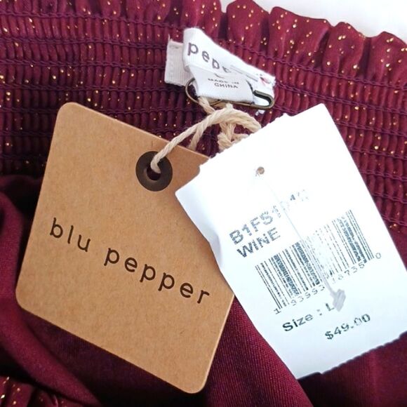 BLU PEPPER  wine with gold shimmer paper boy waist tiered mini skirt sz L - Picture 6 of 6